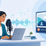 Instructional designer recording AI voice narration at a studio microphone, with a sound wave flowing into an eLearning course player interface