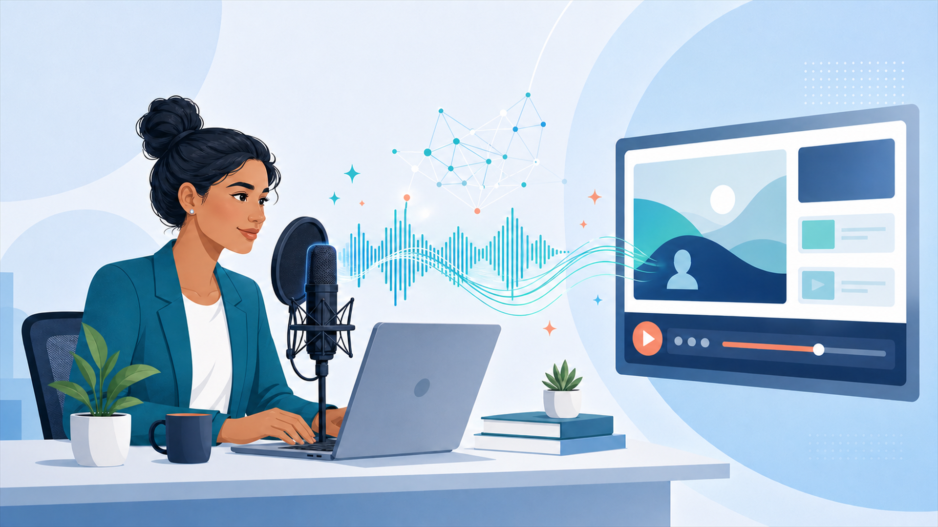 Instructional designer recording AI voice narration at a studio microphone, with a sound wave flowing into an eLearning course player interface