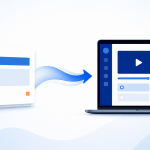 Stack of PowerPoint slides transforming into an interactive eLearning course on a laptop, shown with a converting arrow