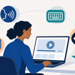 Professional using a laptop eLearning course surrounded by accessibility icons: screen reader speech, keyboard navigation, visual contrast, and a compliance checkmark shield