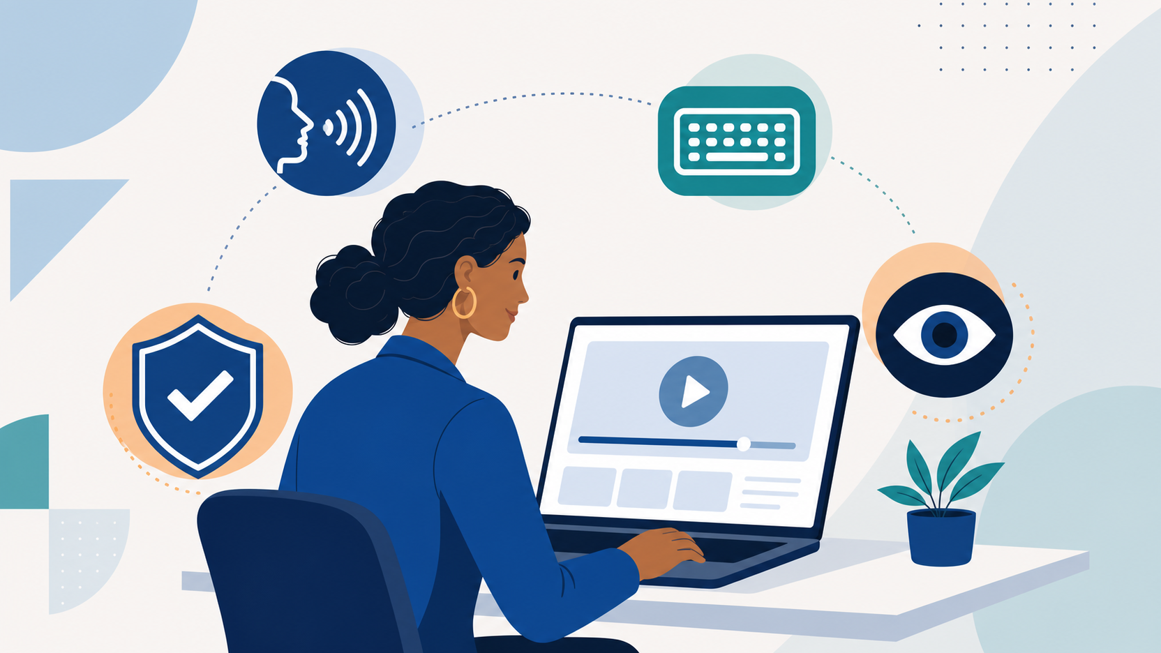 Professional using a laptop eLearning course surrounded by accessibility icons: screen reader speech, keyboard navigation, visual contrast, and a compliance checkmark shield