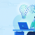 Illustration of a woman at a laptop looking up at a lightbulb that is half organic human creative thought and half AI circuit network, symbolizing the balance between human creativity and AI in learning design