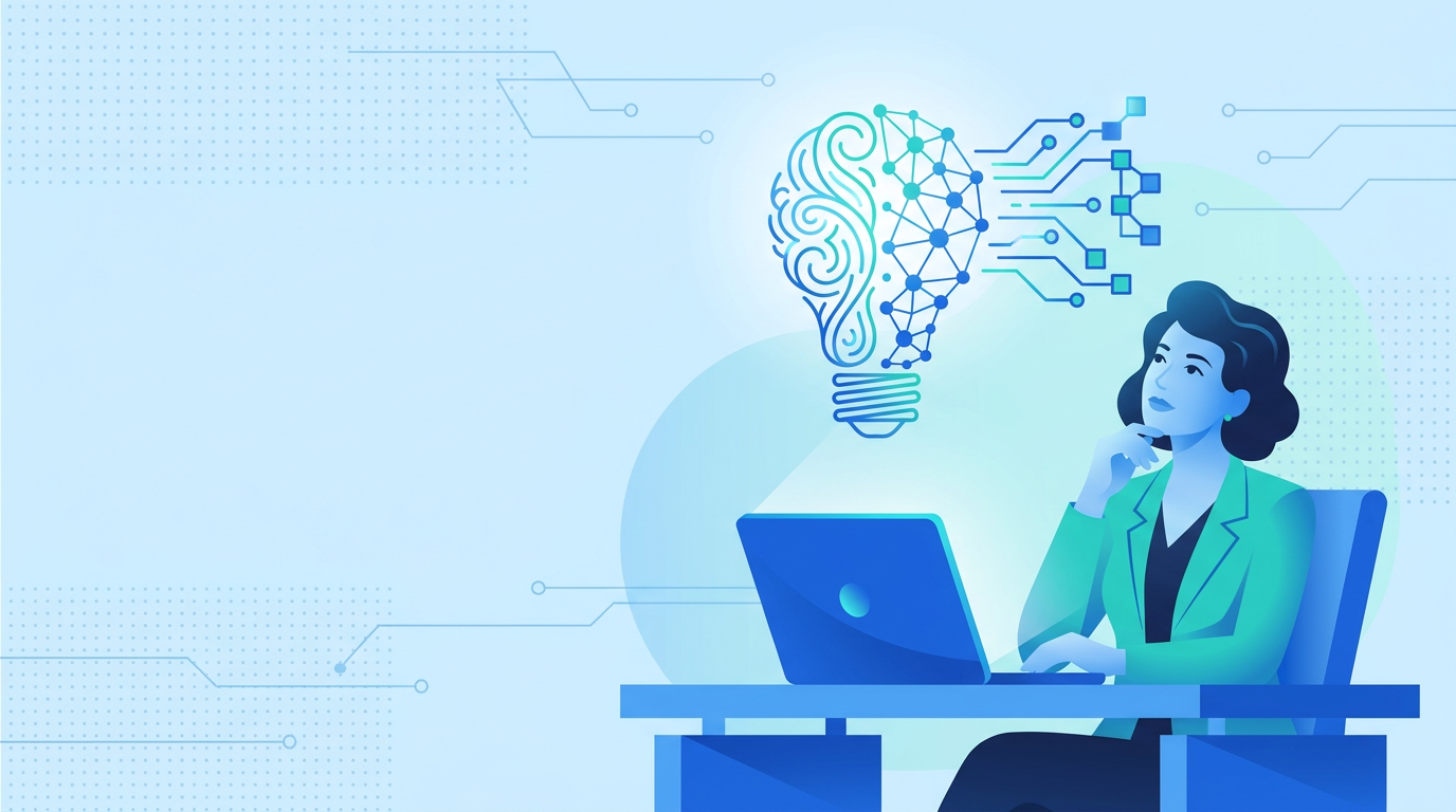 Illustration of a woman at a laptop looking up at a lightbulb that is half organic human creative thought and half AI circuit network, symbolizing the balance between human creativity and AI in learning design