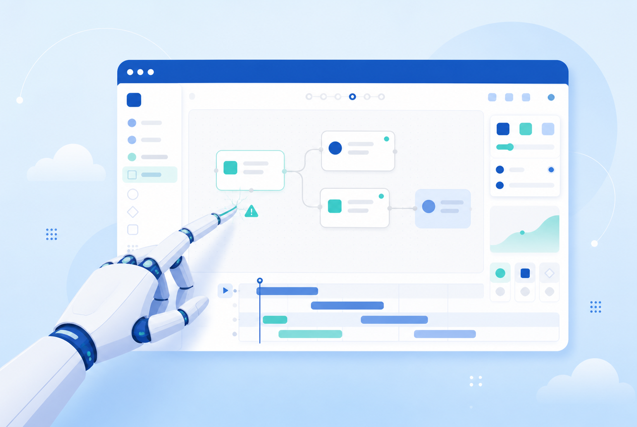 Illustration of a robotic hand reaching toward a software application window with a small warning mark, representing the risk of letting an AI agent directly control desktop authoring software