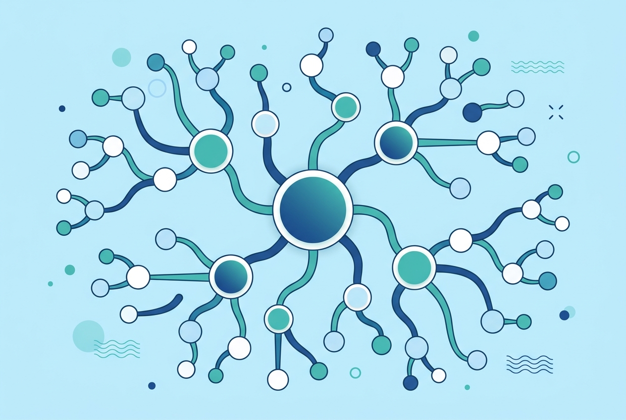 Illustration of a radial mind map with a central node branching outward into smaller connected nodes, representing a story map used to plan a branching eLearning scenario