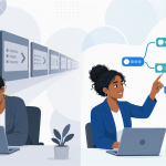Split illustration: a bored professional slumped at a laptop facing an endless row of identical slides with a plain arrow button, versus an engaged professional interacting with a colorful branching decision-tree scenario