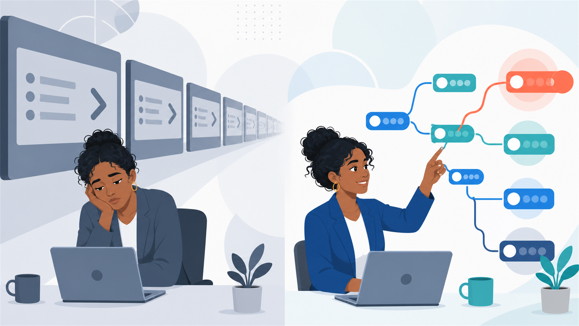 Split illustration: a bored professional slumped at a laptop facing an endless row of identical slides with a plain arrow button, versus an engaged professional interacting with a colorful branching decision-tree scenario