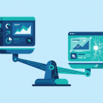 Illustration of two software tool panels balanced on either side of a scale, symbolizing a head-to-head comparison between Articulate Storyline and Adobe Captivate for eLearning authoring