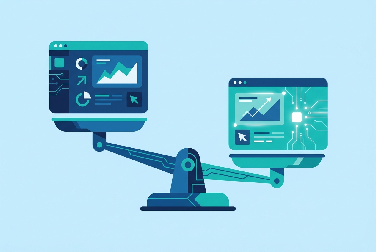 Illustration of two software tool panels balanced on either side of a scale, symbolizing a head-to-head comparison between Articulate Storyline and Adobe Captivate for eLearning authoring