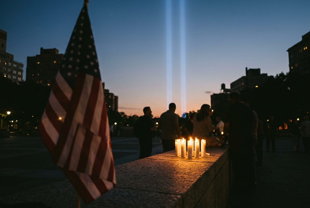 An American flag at dusk with two beams of light rising into the sky and lit candles on a stone ledge, silhouetted figures gathered nearby in a September 11th memorial tribute scene