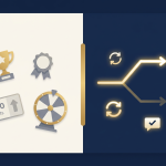 Split illustration contrasting hollow gamification props like trophies and a prize wheel on one side with a glowing branching decision path, repetition icon, and feedback checkmark on the other