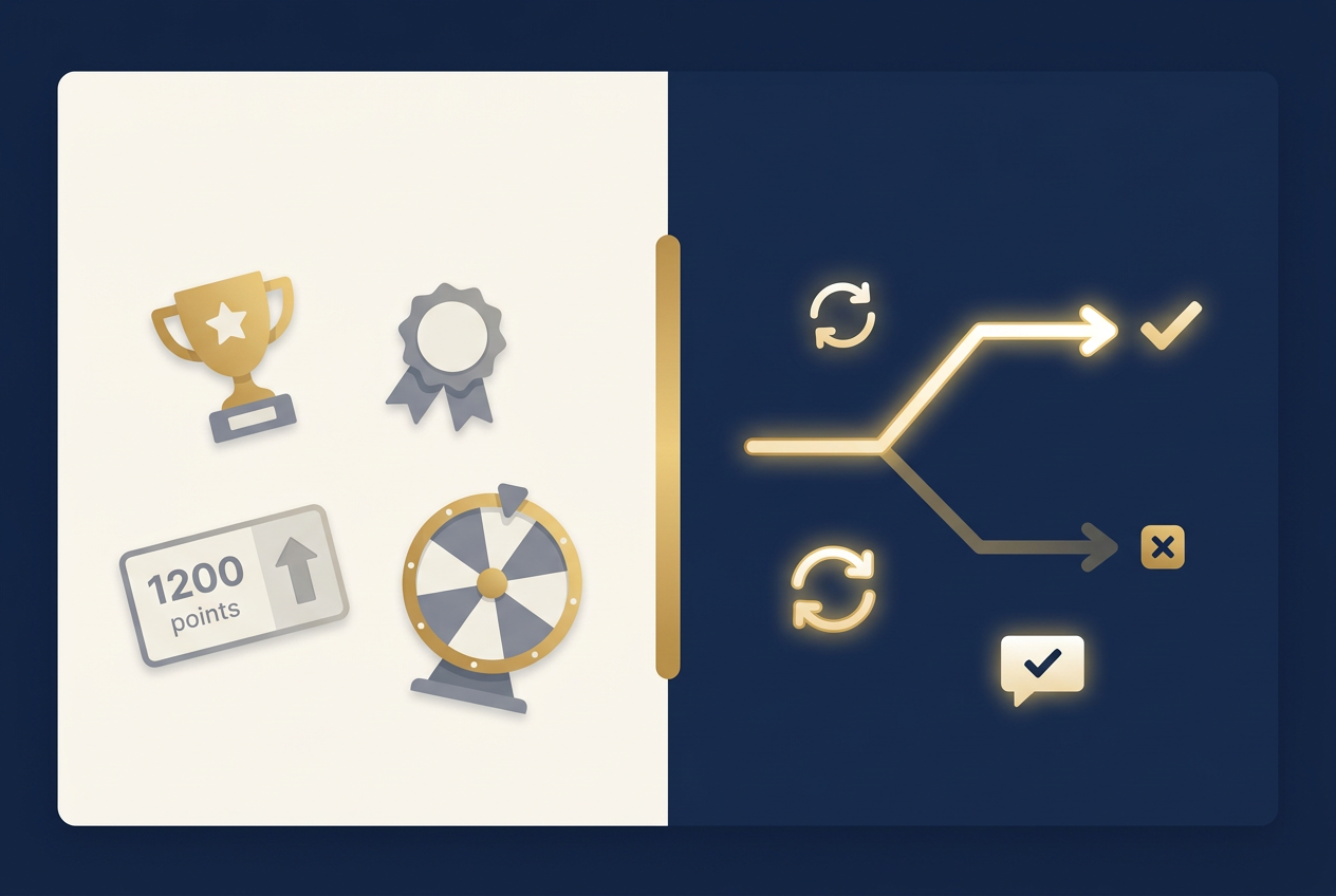 Split illustration contrasting hollow gamification props like trophies and a prize wheel on one side with a glowing branching decision path, repetition icon, and feedback checkmark on the other