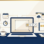 Flat-design illustration of a desk with a laptop showing a screenshot capture tool, surrounded by productivity icons like a checklist, calendar, timer, sticky notes, and coffee cup