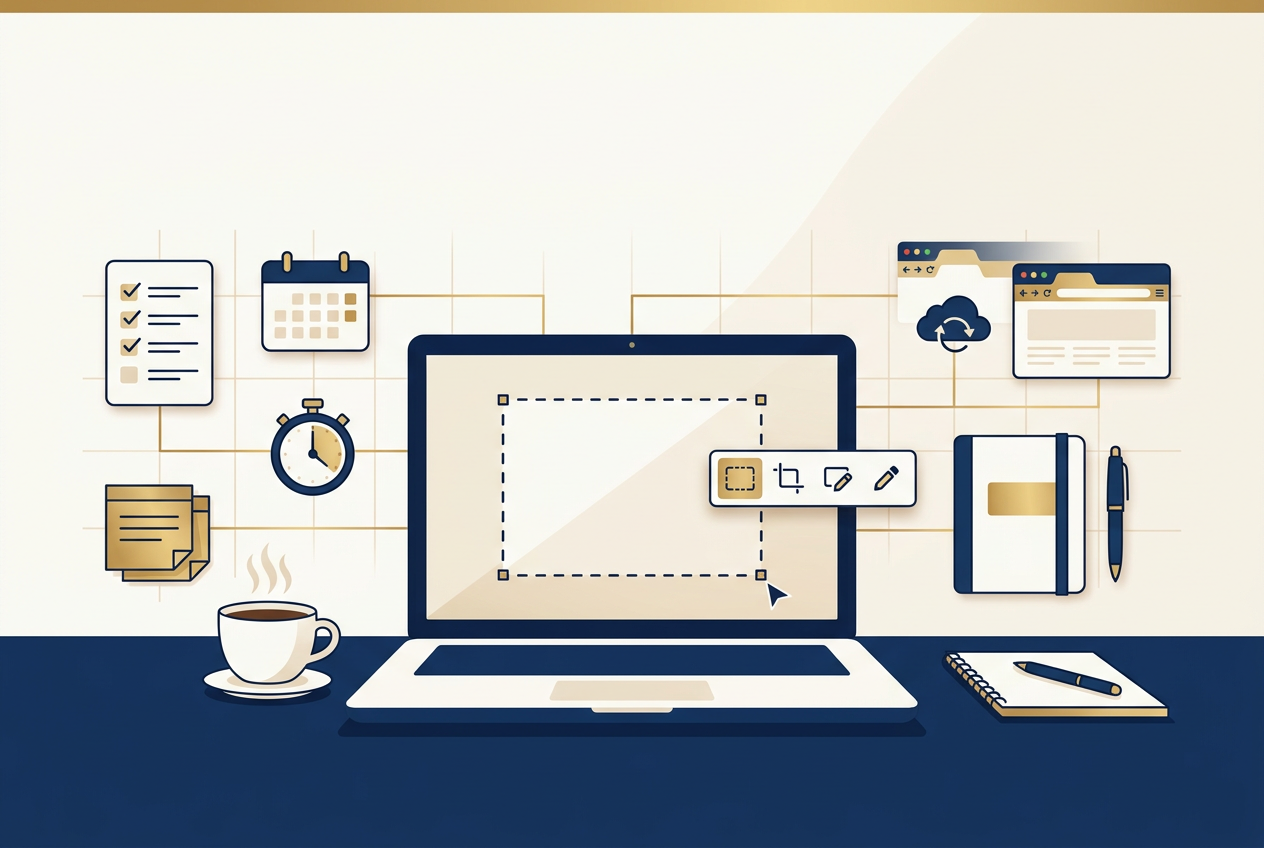 Flat-design illustration of a desk with a laptop showing a screenshot capture tool, surrounded by productivity icons like a checklist, calendar, timer, sticky notes, and coffee cup