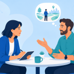 Illustration of an instructional designer taking notes while a subject matter expert describes a real scenario, shown in a thought bubble as a person at a decision point