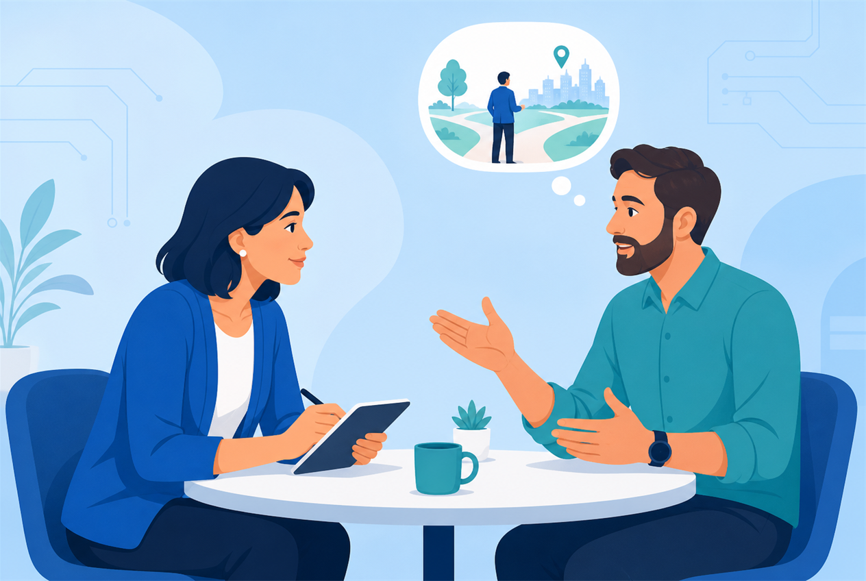 Illustration of an instructional designer taking notes while a subject matter expert describes a real scenario, shown in a thought bubble as a person at a decision point