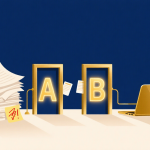 Flat illustration of a messy stack of marked-up papers on the left, two gold gates labeled A and B in the middle letting only a few documents through, and a gold laptop with a checkmark on the right