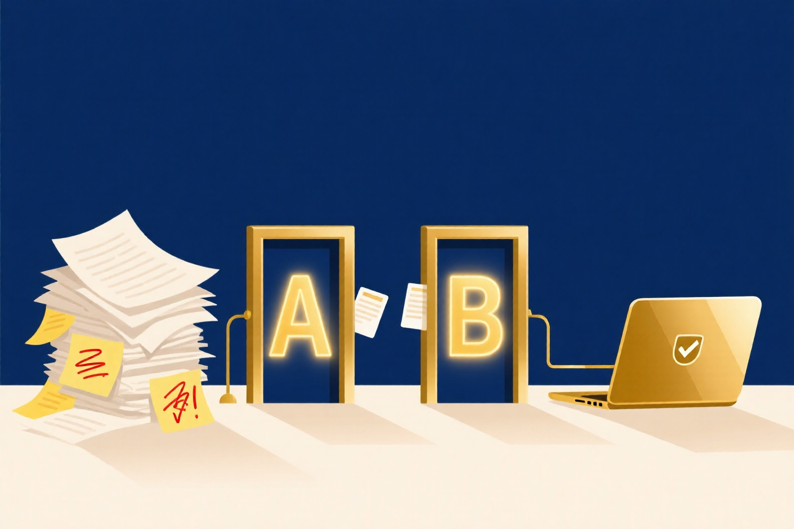 Flat illustration of a messy stack of marked-up papers on the left, two gold gates labeled A and B in the middle letting only a few documents through, and a gold laptop with a checkmark on the right